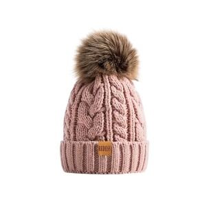 Winter Cozy Warm Pom Pom Pink Beanie Hat Cable Knit Fleece Lined‎ Ski NWT